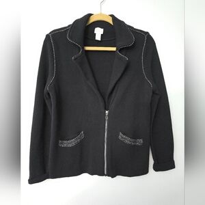 Chicos Jacket Black Half Zip Up Size Med Collared Thick Threading Cotton Knit